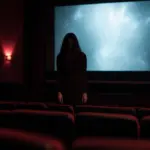 Nastrojowa scena horroru w kinie, symbolizująca premierę filmu Other Mommy i rozbieżność między sukcesem kasowym a ocenami krytyków
