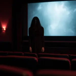 Nastrojowa scena horroru w kinie, symbolizująca premierę filmu Other Mommy i rozbieżność między sukcesem kasowym a ocenami krytyków
