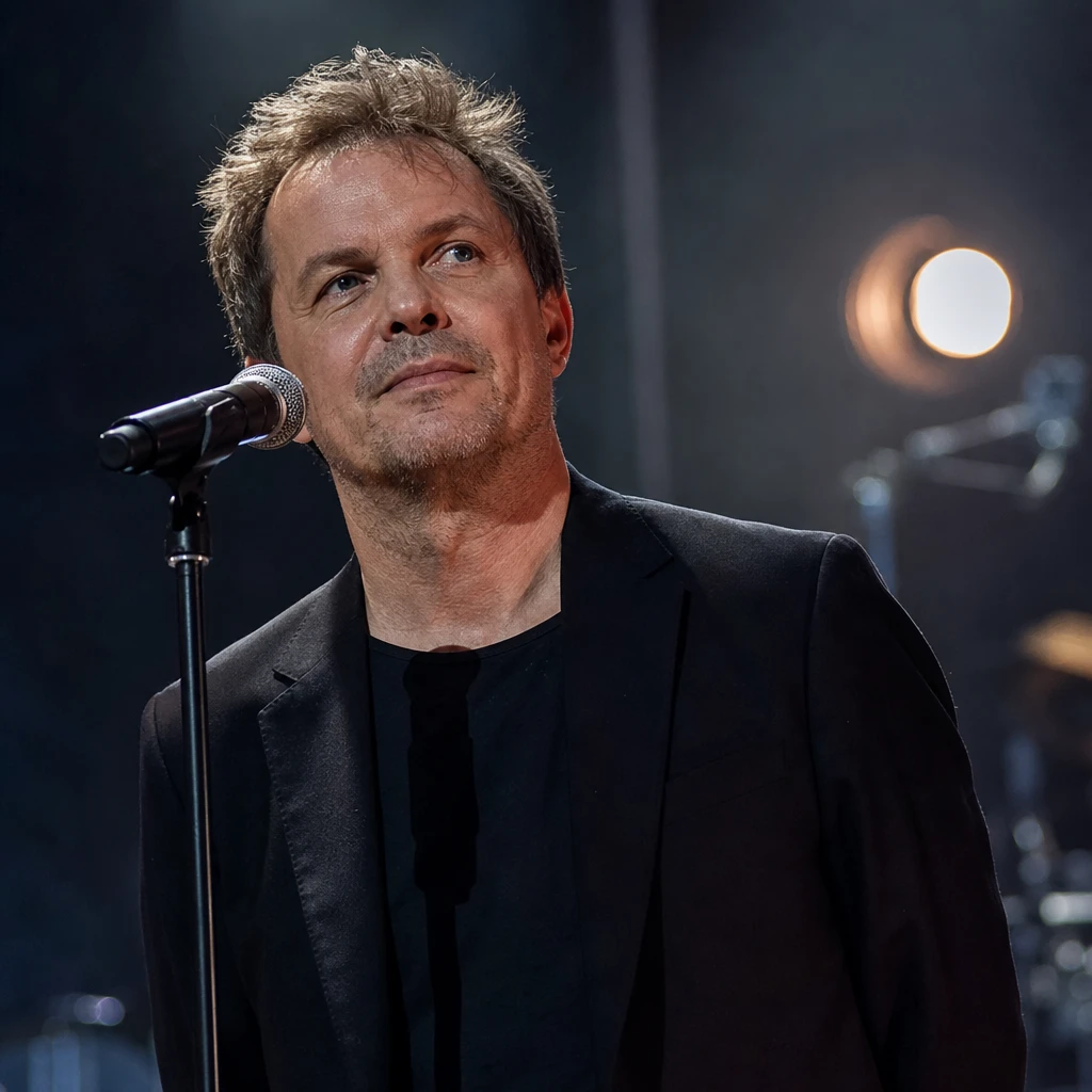 Anonimowy dojrzały polski wokalista rockowy podczas przygotowań do jubileuszowej trasy koncertowej