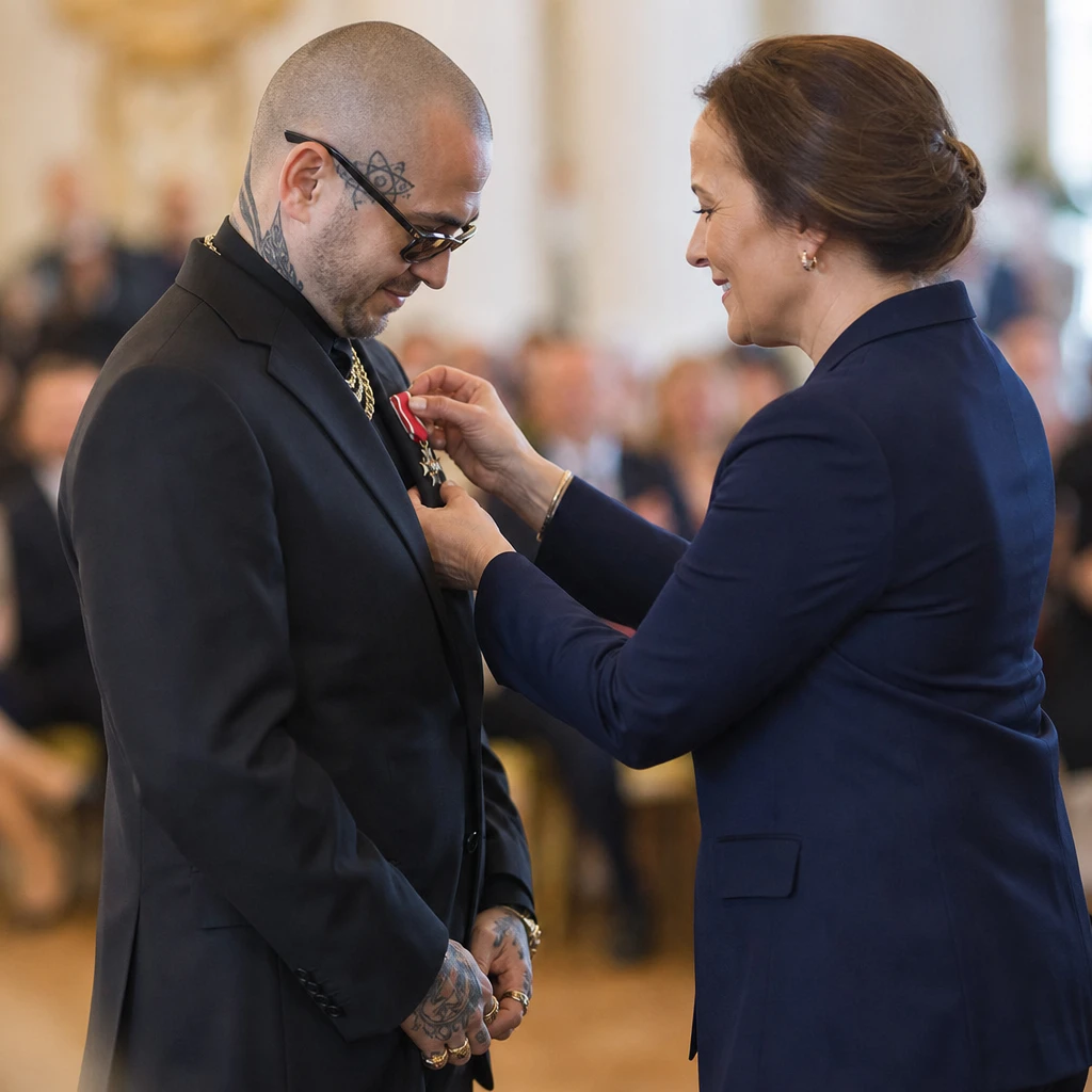 Uroczyste wręczenie odznaczenia zasłużonemu raperowi przez przedstawicielkę resortu kultury