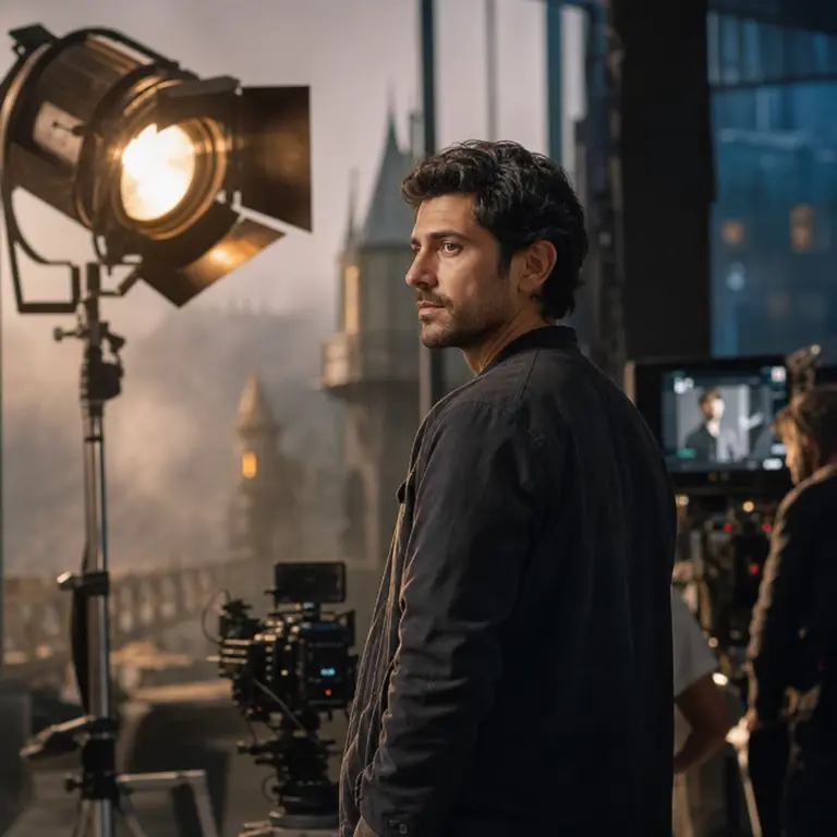 Fotorealistyczna scena symbolizująca rozwój kariery aktora filmowego od ról młodzieżowych i fantasy po ambitne kino autorskie oraz nowy projekt telewizyjny