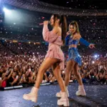 Jubileuszowy koncert muzyki pop na stadionie, z efektownymi scenicznymi stylizacjami i tłumem bawiącej się publiczności