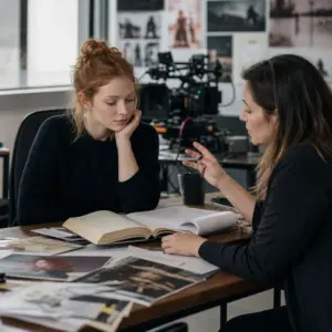 Fotorealistyczna scena symbolizująca ekranizację powieści i współpracę producentów filmowych