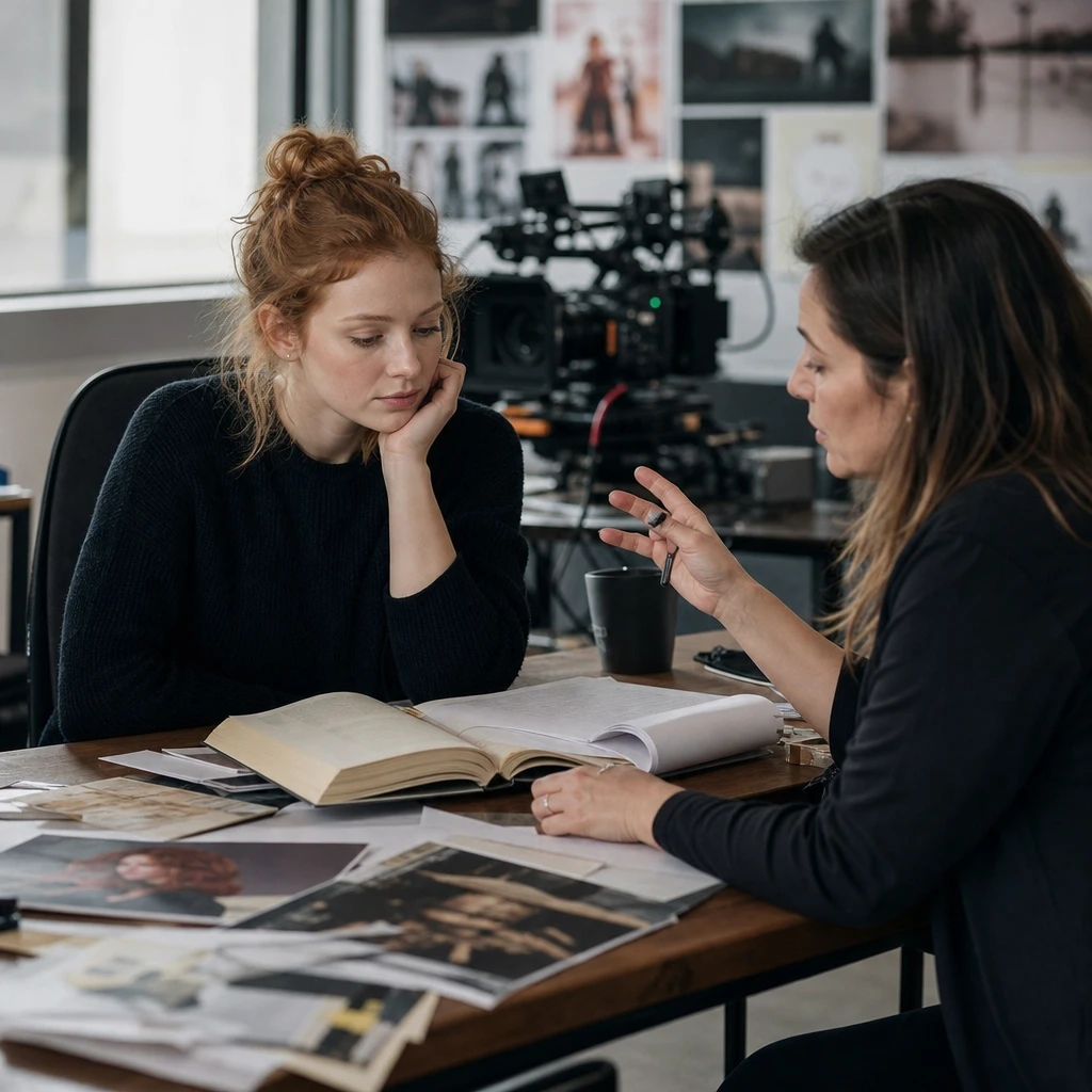 Fotorealistyczna scena symbolizująca ekranizację powieści i współpracę producentów filmowych