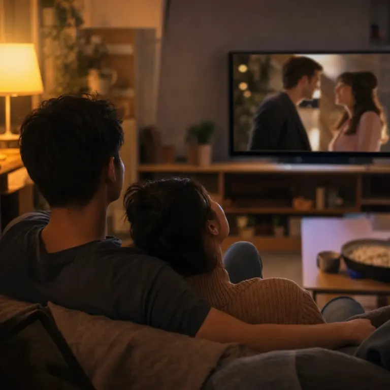 Wieczorna emisja romantycznej komedii w telewizji