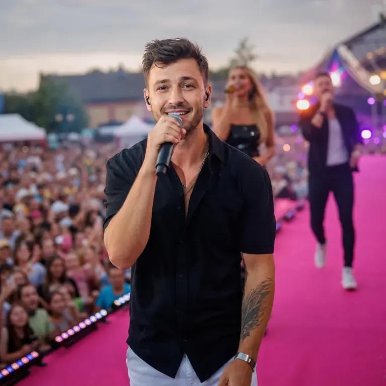 Plenerowy koncert urodzinowy popularnego polskiego wokalisty w Siemiatyczach z różowym dywanem i występami gości