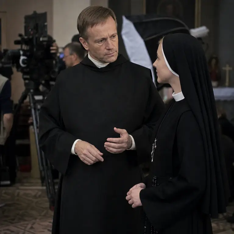 Plan zdjęciowy filmu biograficznego o świętej Faustynie z aktorem w kostiumie historycznym