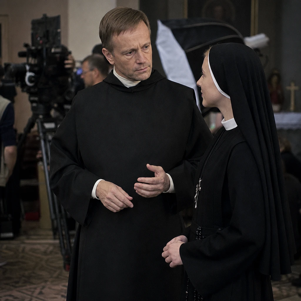 Plan zdjęciowy filmu biograficznego o świętej Faustynie z aktorem w kostiumie historycznym