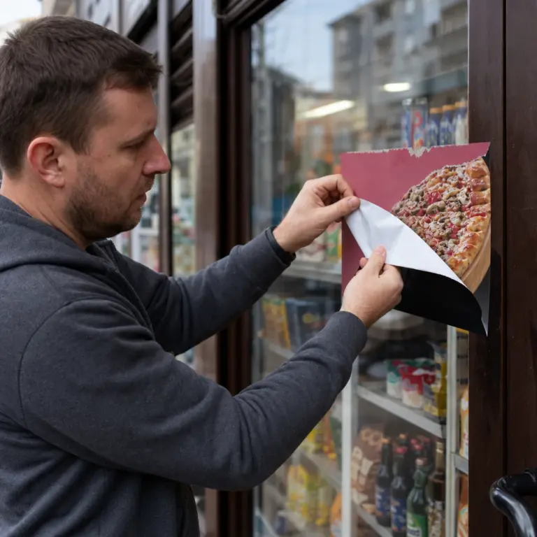 Pracownik lokalnego sklepu usuwający z witryny naklejkę promocyjną po kontrowersjach wokół mrożonej pizzy celebryckiej