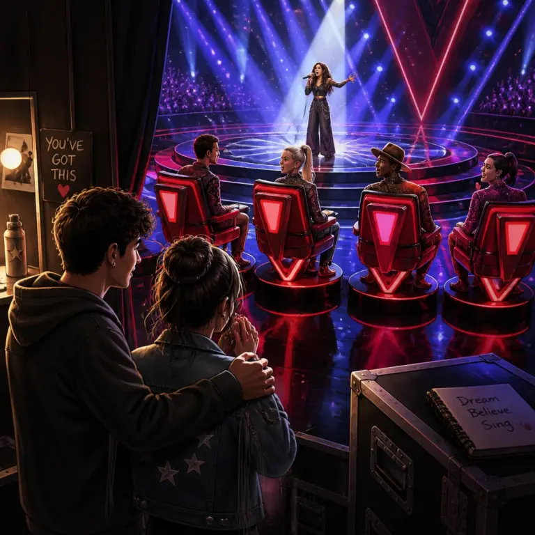 Symboliczne przedstawienie kulis programu talent show, w którym uczestniczka zachwyca trenerów, a przyjaciel wspiera ją za sceną