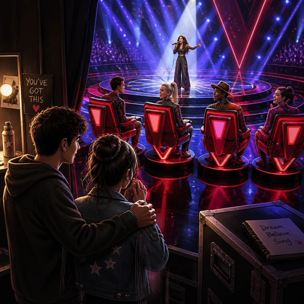 Symboliczne przedstawienie kulis programu talent show, w którym uczestniczka zachwyca trenerów, a przyjaciel wspiera ją za sceną