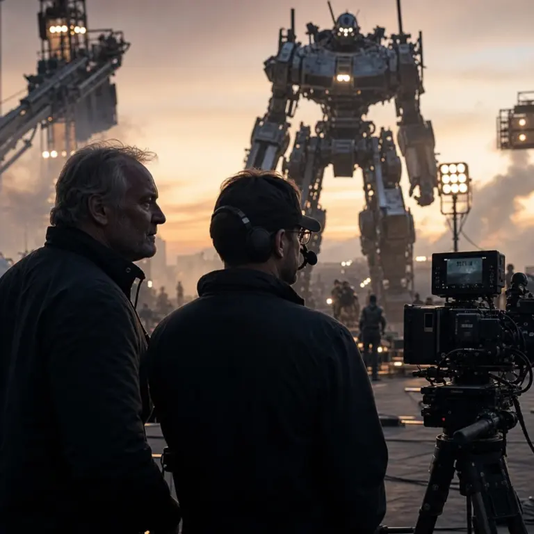 Fotorealistyczna scena z planu wysokobudżetowego filmu science fiction o wielkich robotach i samochodach, symbolizująca przygotowania do nowego otwarcia franczyzy
