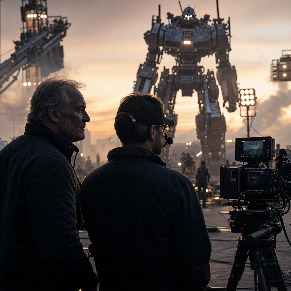 Fotorealistyczna scena z planu wysokobudżetowego filmu science fiction o wielkich robotach i samochodach, symbolizująca przygotowania do nowego otwarcia franczyzy