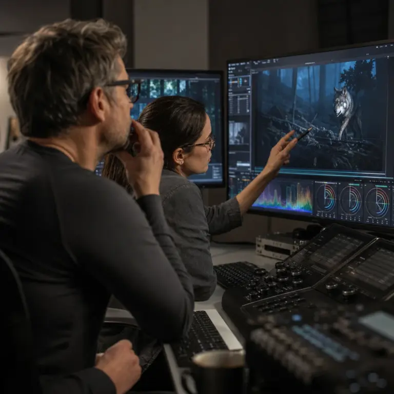 Fotorealistyczna scena postprodukcji thrillera filmowego o zwierzętach z wykorzystaniem sztucznej inteligencji